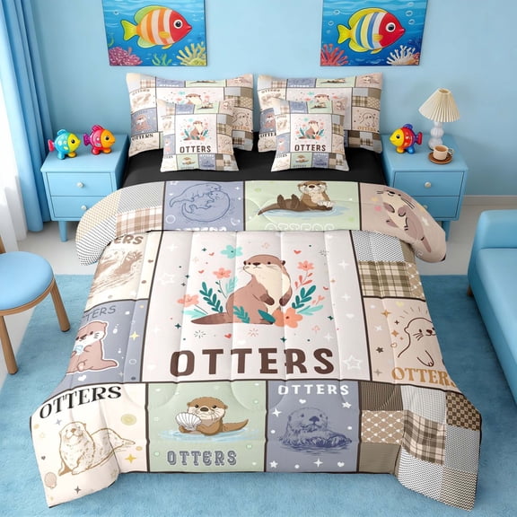 Manfei Cartoon Otter Twin Bedding Sets for Kids Boys and Girls, Cute Animal Print Bedding Comforter Set, Black Reversible 7-Piece