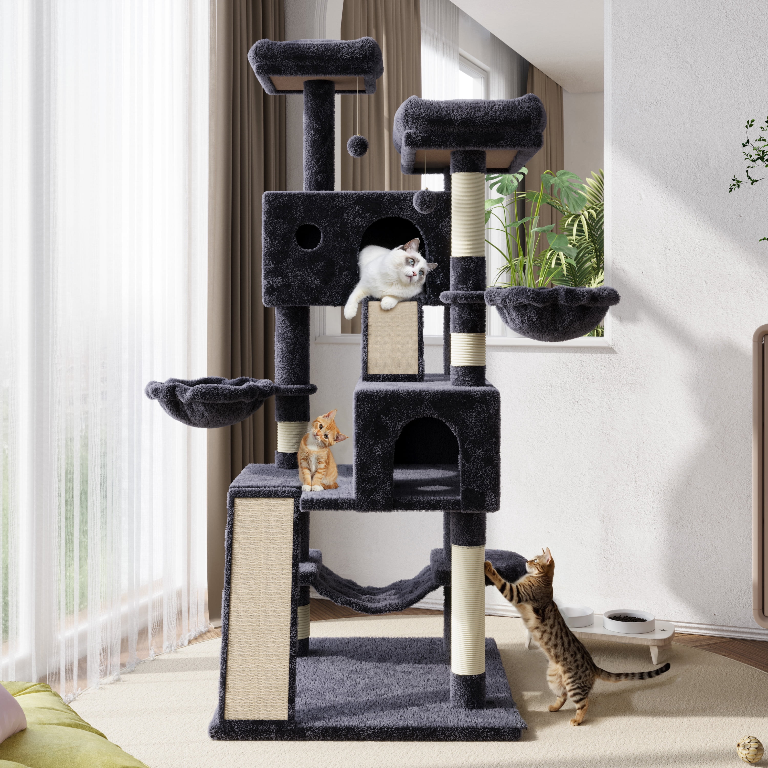 Amolife 65.7" Large Cat Tree and Tower Condo for Cats with 2 Scratching Boards, Hammock & Post, Dark Blue