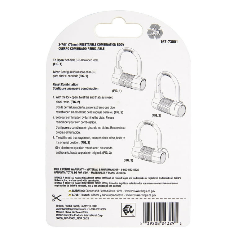 ソロ　ユーブロック Brinks Small U-Bar Resettable Combination Padlock with 1-3