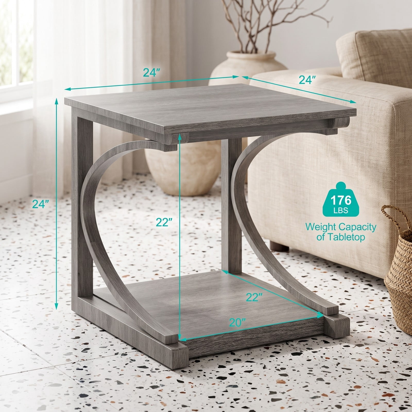 Furnibear C-Shaped End Table, 24 Inch 2-Tier Square Sofa Side Table with Storage Shelf, Rubber Wood Snack Couch Table for Living Room Bedroom, Grey