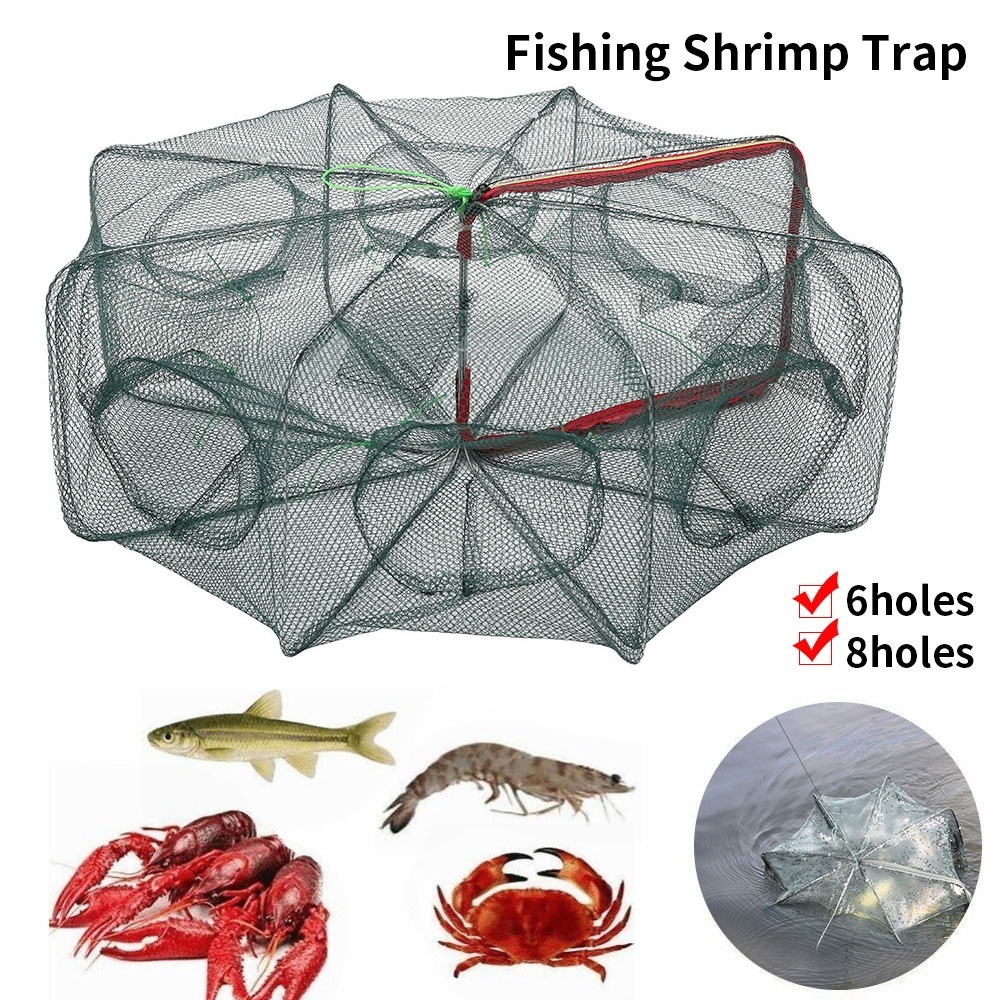 6 Holes Automatic Fishing Net Shrimp Cage Nylon Foldable Fish Trap Cast