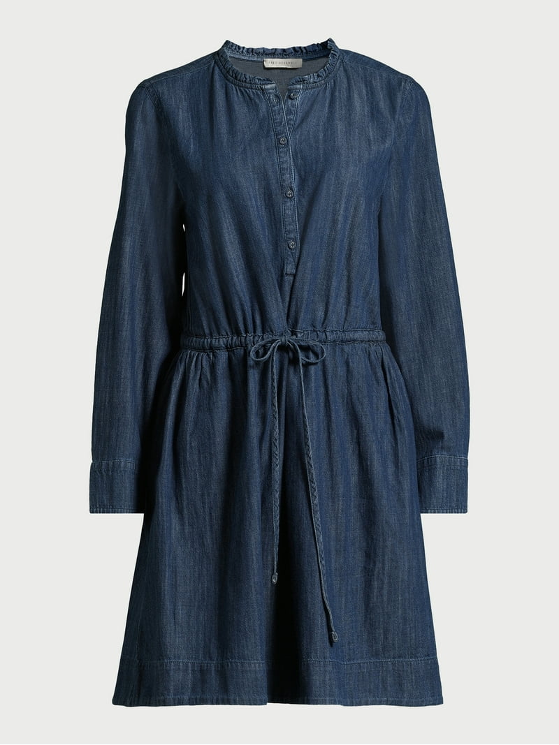 Free Assembly Women's Denim Ruffle Neck Mini Dress with Pockets, 100%  Cotton - Walmart.com