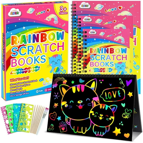 ZMLM 2Pack Rainbow Scratch Paper Art Notebook Magic Drawing Kit, Arts and Crafts for Kids Toys for 3 4 5 6 7 8 9 10 Year Old Boys Girls