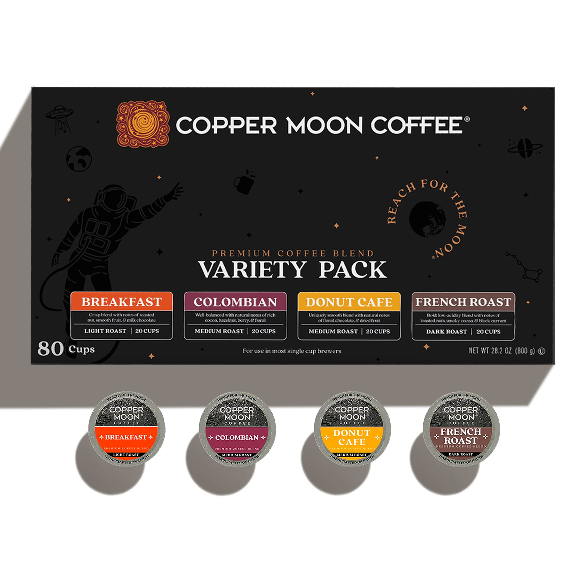 Copper Moon Variety Pack Coffee, Single Serve Coffee Pods for Keurig K-Cup Brewers; 20 each: Donut Cafe, Breakfast Blend, Colombian, French Roast, 80 Count