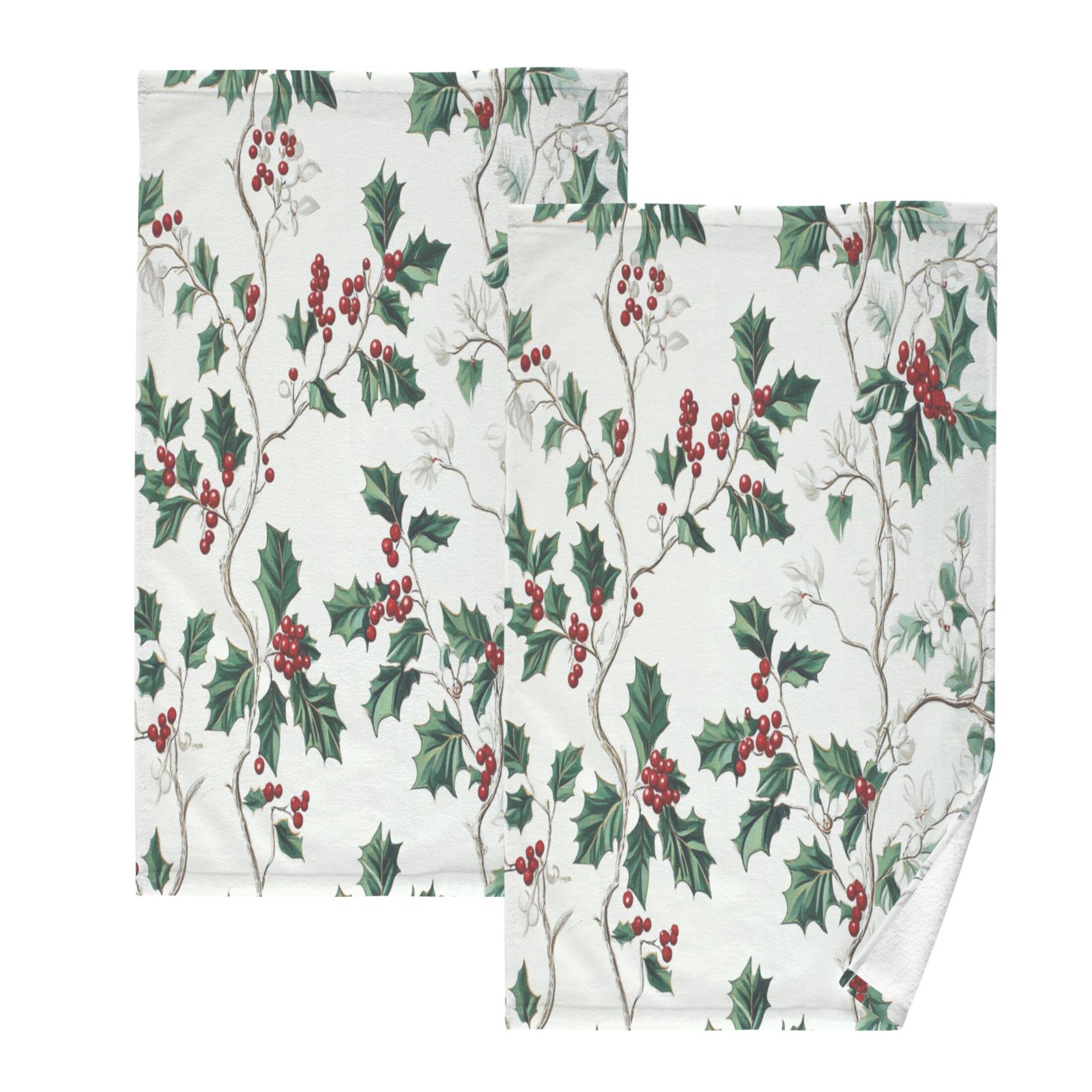 2 Pcs Absorbent Face Towel Bath Hand Towels Soft Breathable Cotton Towel Set for Bathroom Kitchen Hotel Spa Decor Holly Leaves and Berries