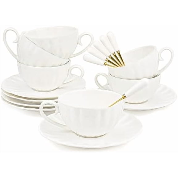 Set of 6 Royal Tea Cups and Saucers, 8 oz White Porcelain Tea Set & British Coffee Cups, White Latte Cups and Espresso Mug for Specialty Coffee Drinks, Latte, Cafe Mocha, Tea