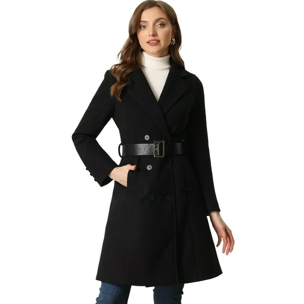 Abrigo largo con doble botonadura y cinturón de invierno con cuello de solapa para mujer Negro L
