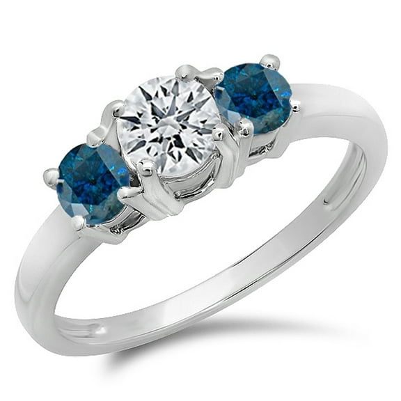Dazzlingrock Collection 1.00 Carat (ctw) 14k Round White and Blue Diamond Ladies 3 Stone Bridal Engagement Ring 1 CT, White Gold, Size 8.5