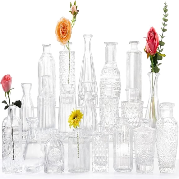 Glass Bud Vases -Set of 20 for Flowers, Small Clear Bud Vases in Bulk for Centerpieces Home Dr, Mini Glass Assorted for Rustic Wedding Floral Arrangements Home Table Drations