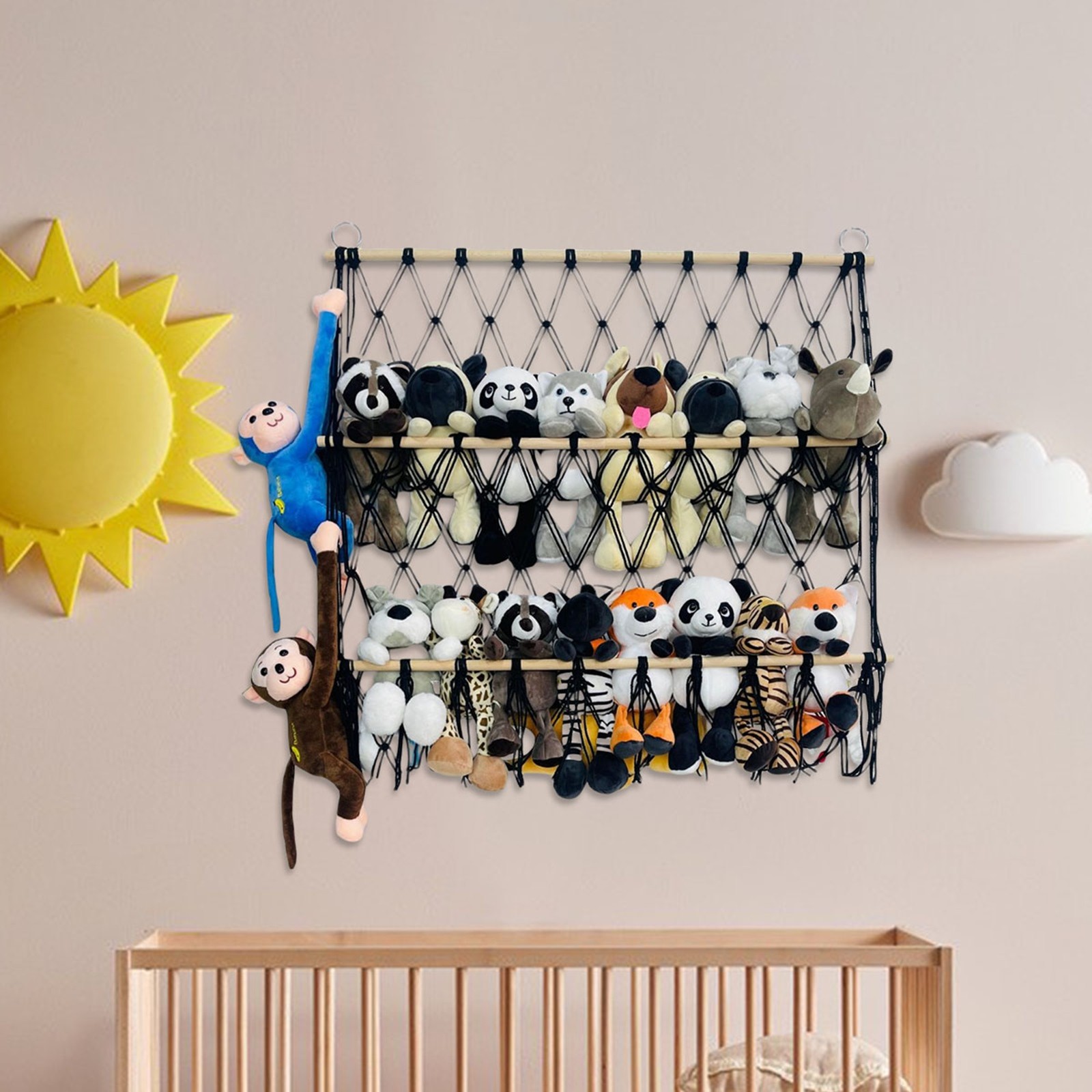 2 Tier Stuffed Animal Storage Shelf Net, 31x30'' Large Plushie Net for Mini Medium Stuffy Teddy, Rainbow Boho Macrame Toy Holder Display w/ Lights&Clips for Nursery Kid Girl Boy