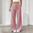 thumbnail image 3 of Tbopshirt Women Striped Linen Blend Wide Leg Pants Elastic Drawstring Lace-Up High Waist Pull On Trousers with Pockets for Summer Beach Casual,Red,Size:S-XXL, 3 of 8