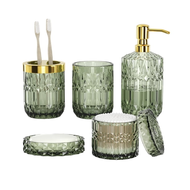 Towoaafu Juego de accesorios de baño verde - 5 piezas de decoración de baño de vidrio con dispensador de jabón, jabonera, soporte para cepillo de dientes, vaso y tarro para hisopos de algodón - Juego