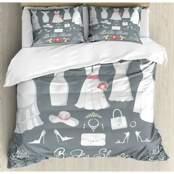 Bridal Shower Duvet Cover Set, White Wedding Dress with Bride Details Bags Florals Print, Decorative 3 Piece Bedding Set with 2 Pillow Shams, King Size, Charcoal Grey White, by Ambesonne