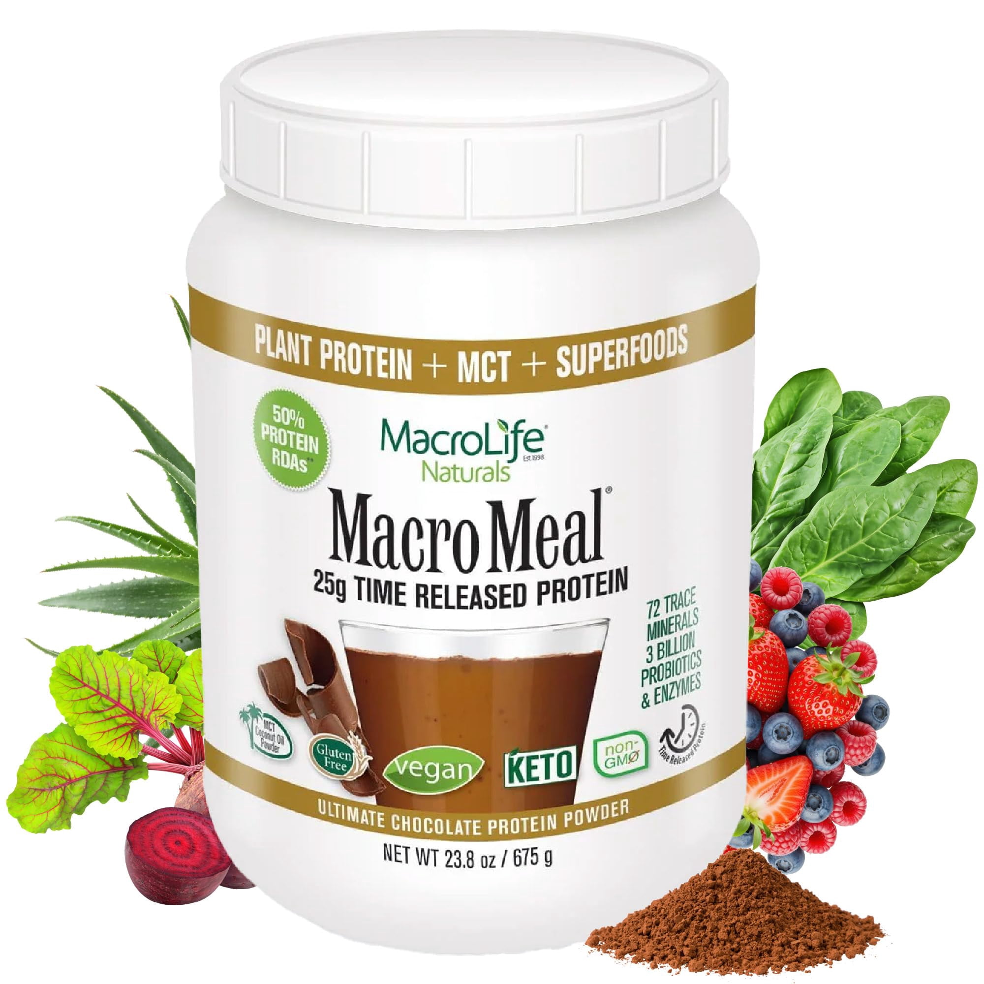 MacroLife Naturals MacroMeal Vegan Protein & Superfood Powder, Chocolate, 23.8 oz
