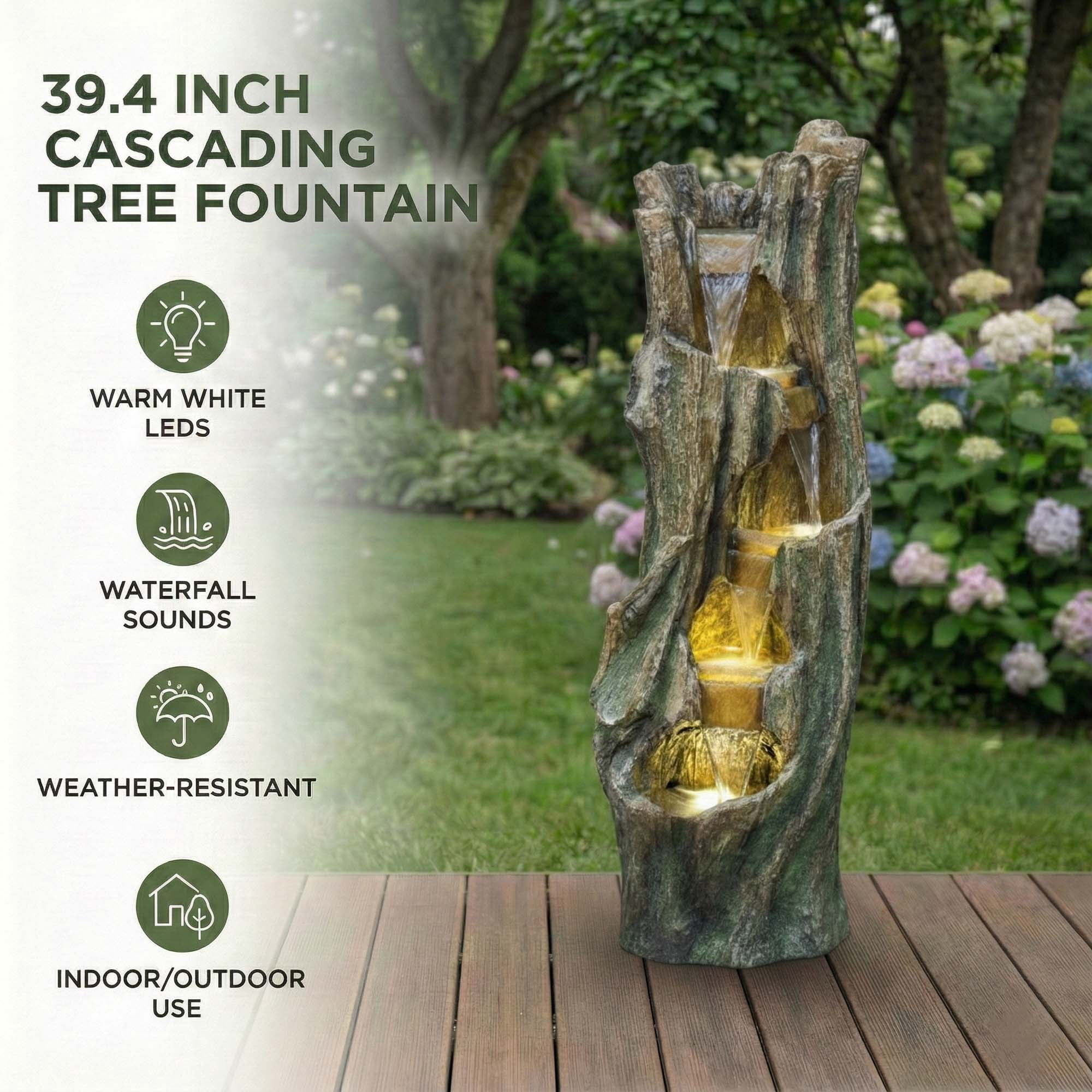 Miniyam Outdoor Waterfall Fountain with Energy-Efficient LED Lights – Easy Setup Garden Fountain for Patio, Backyard, Deck, Instant Relaxation