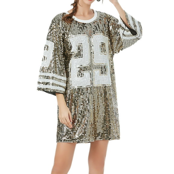 Whitewed Glitter Number Graphic Sorority Clothes Shirt Dance Festival Tunic Mini Dresses Gold