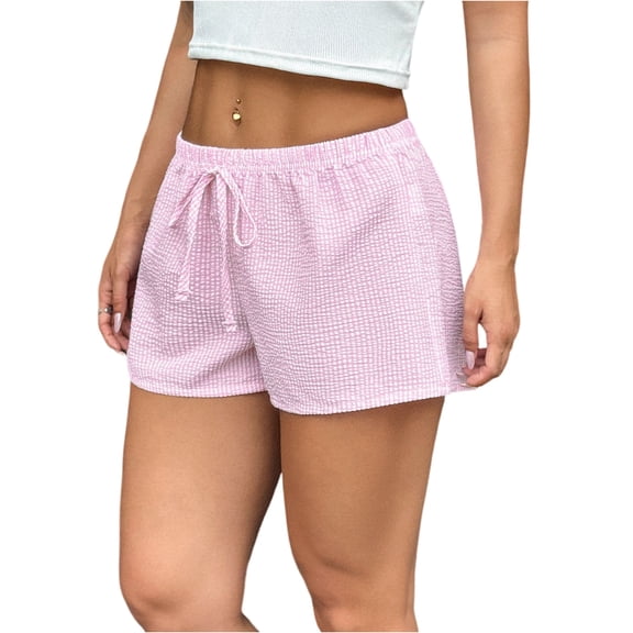 UDAUDU Women's Casual Shorts Drawstring Striped Loose Fit Summer Beach Shorts Lightweight Vacation Wide Leg Pants Pink XL