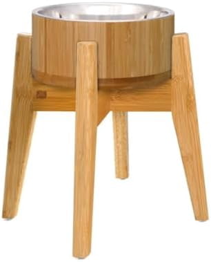 Raised Dog Bowl with Stand (12-inch) - Elevated Bamboo Food Bowl with Stainless Steel 304 Insert - Medium-to-Large Breeds Suitable