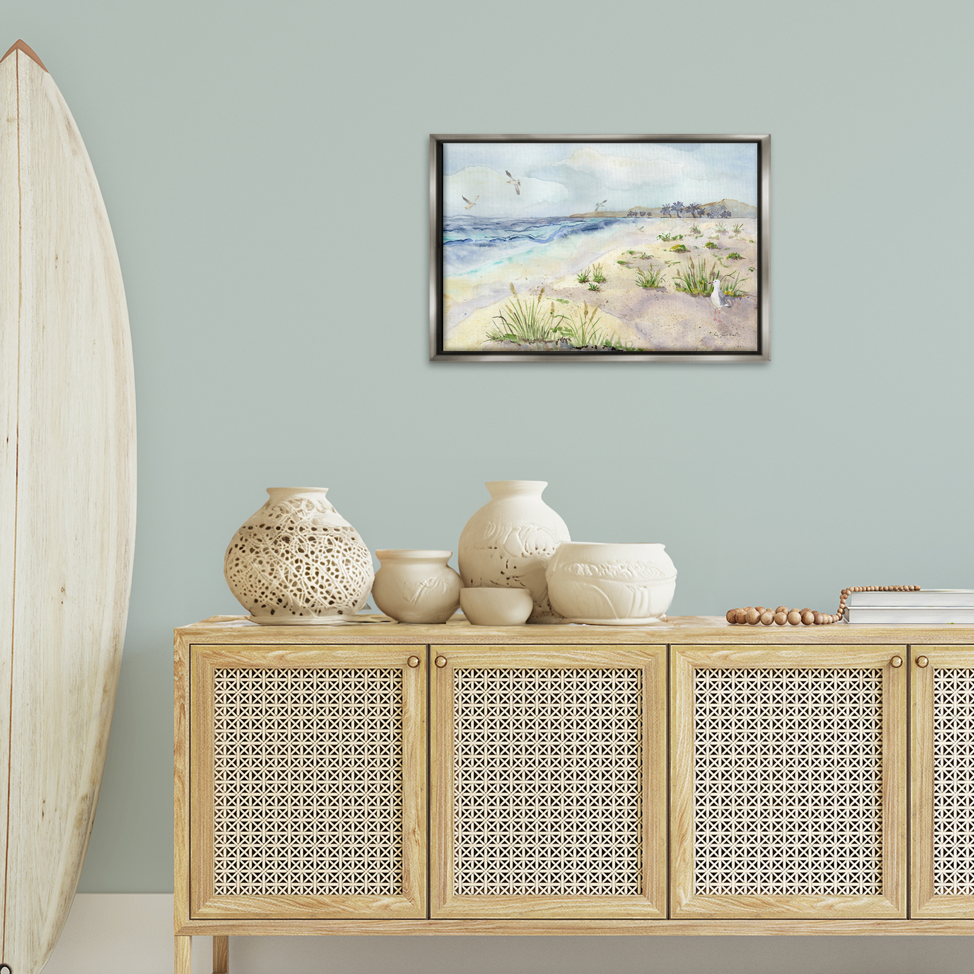 Stupell Industries Seagulls Over Beach Landscape Painting Gray Floater Framed Canvas Art Print Wall Art, 25 x 17