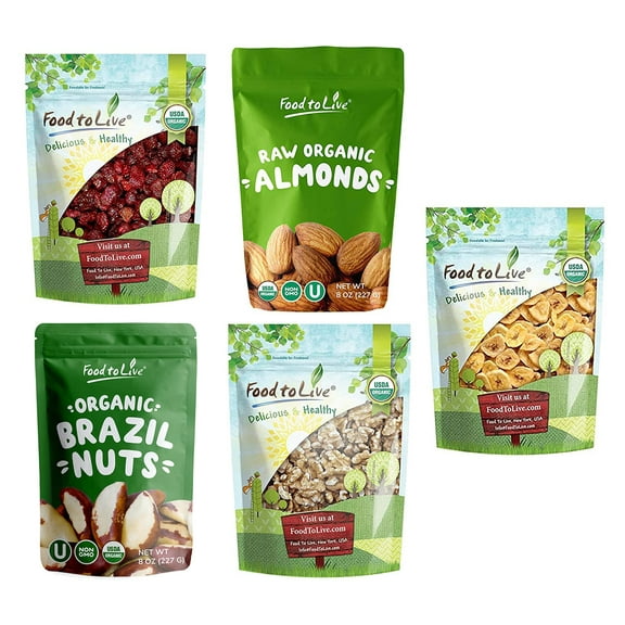 Organic Food Lover Gift Box - 1 Gift Box - Organic Strawberries, Organic Almonds, Organic Brazil Nuts, Organic Walnuts, Organic Banana Chips, Trail Snack Mix - by Food to Live