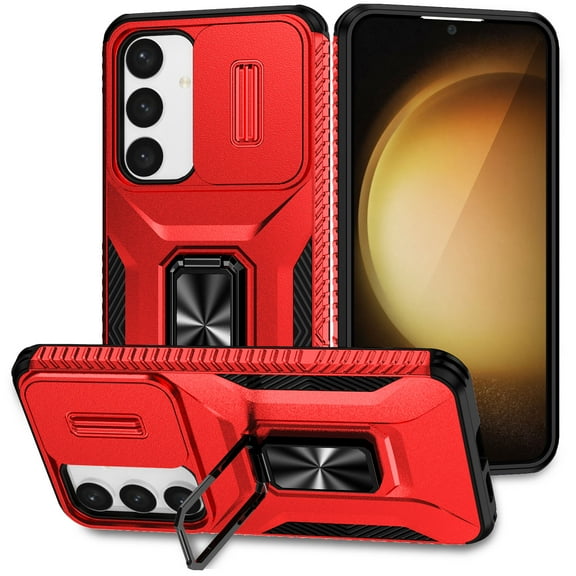Allytech Rugged Case for Samsung Galaxy S24 Plus, [Slide Camera Cover] [360° Rotating Kickstand] [Military Protection] Non-Slip Anti-Fall Anti-Scratch Shockproof Heavy Duty Case - Red