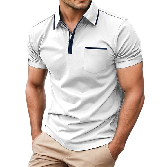 IWRICH Men's Short Sleeve Polo Shirts Quarter-Zip Casual Slim Fittops Lapel Neck Basic V Neck Tees White XL