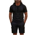 thumbnail image 3 of VBTAPA Men's Cotton Linen Outfits Short Sleeve Hooded Hippie Shirt and Cargo Shorts Casual Track Suit Sets Summer Beach Vacation Set Black XXL, 3 of 8