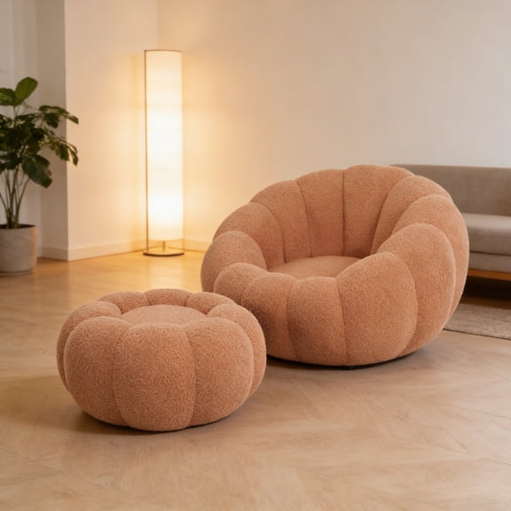 Pumpkin Shaped Lounge Chair, Swivel Accent Sofa with Ottoman Set, Velvet Upholstered Reading Chair, Ergonomic Design with Footrest, for Living Room Bedroom Office