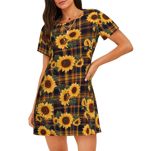 Disketp Brown Blue Plaid Sunflower para Camisón Corto de Manga Corta para Mujeres, Camisón Cómodo con Escote Redondo, Bonito y Confortable