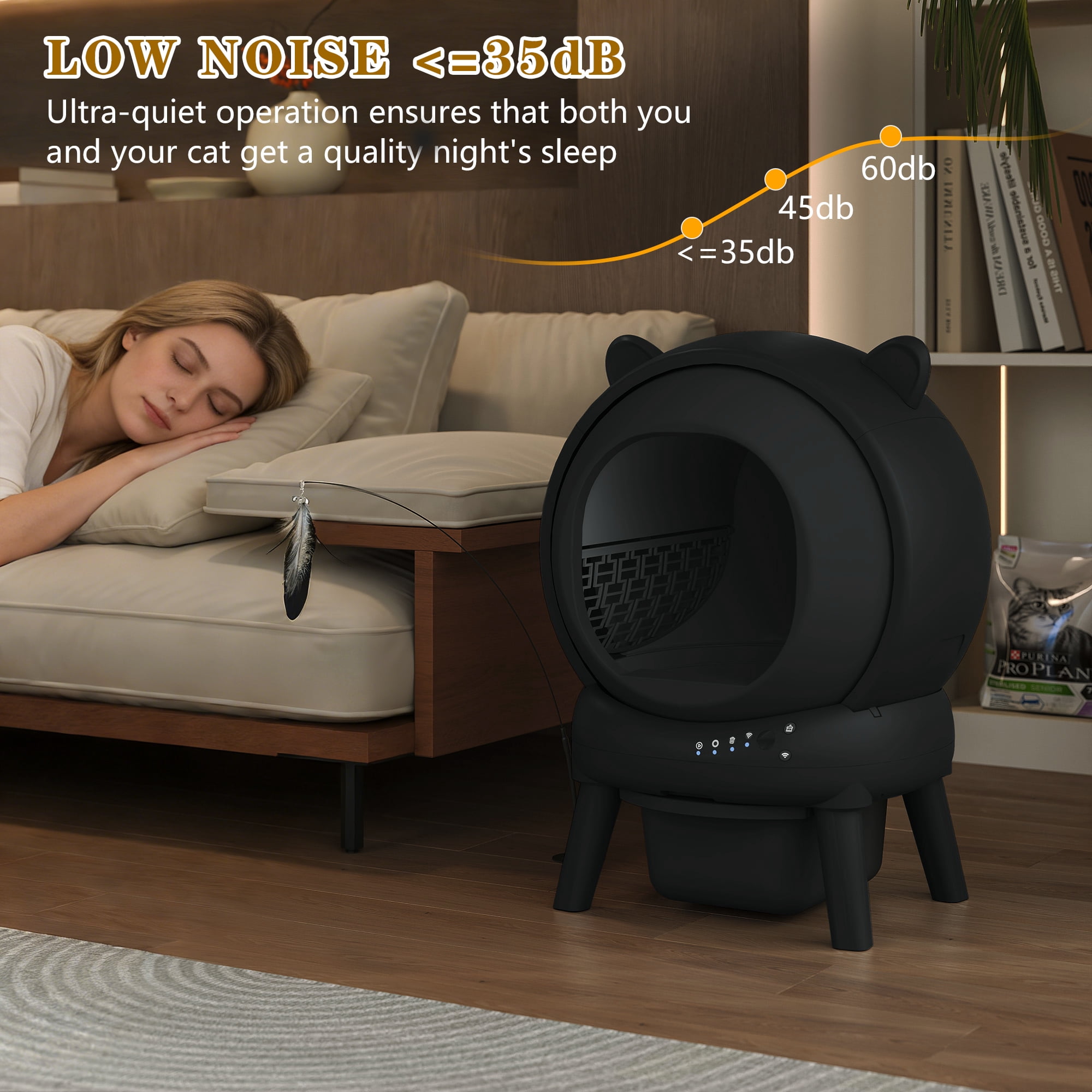 HLR 70L Smart Automatic Self-Cleaning Cat Litter Box, APP Control/Integrated Safety Protection, Cat Ears Design, Black