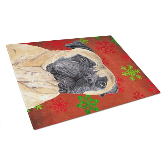 Carolines Treasures SC9425LCB Mastiff Red and Green Snowflakes Holiday Christmas Glass Cutting Board Large 12H x 16W