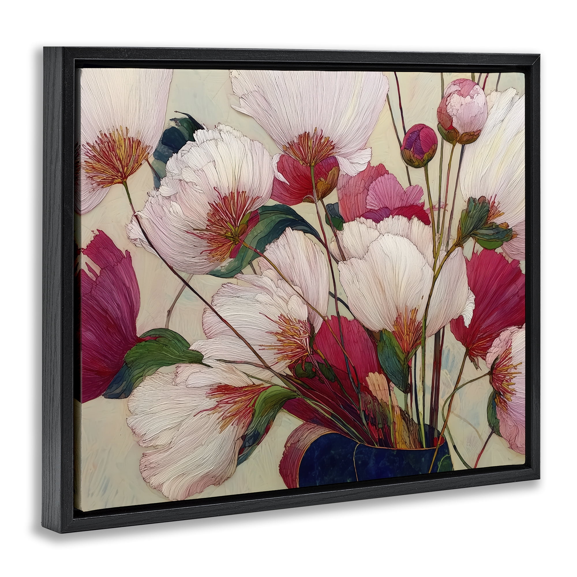 Lush Haiku Pink & White Flowers Black Framed Floater Canvas Wall Art, design by Annabelle Hall