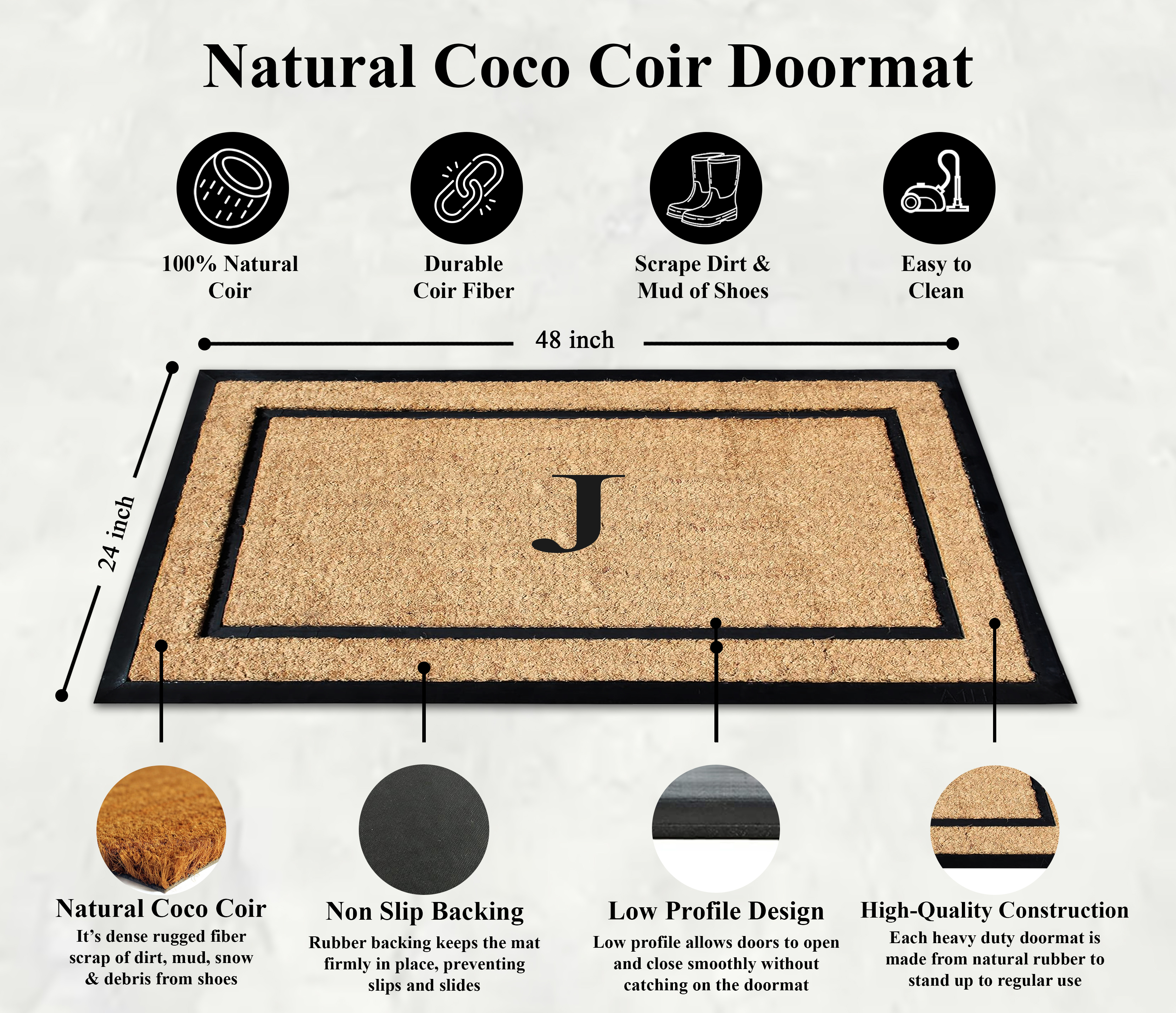 A1HC Natural Coir and Rubber Monogrammed Door Mat, 24x48 in, Thick Durable Thin Profile Welcome Mat for Front Porch & Entryway