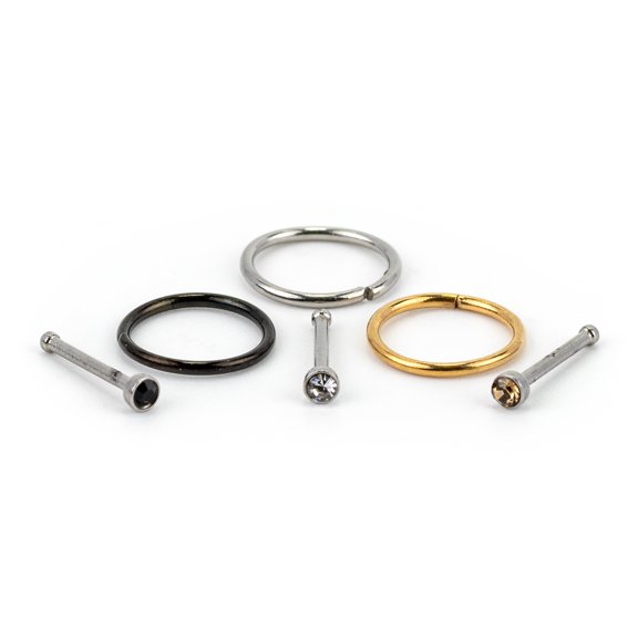 Claire's Teen and Adult Stainless Steel 20G Hoop and Crystal Nose Studs, 6 Pack