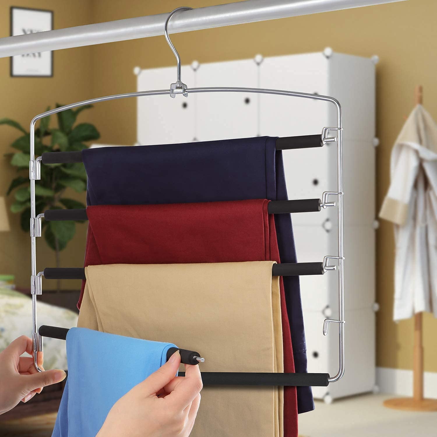 Pants Hangers 5 Layers Stainless Steel Non-Slip Foam Padded Swing Arm Space Saving Clothes Slack Hangers Closet Storage Organizer for Pants Jeans Trousers Skirts Scarf Ties Towels(Pack of 2)