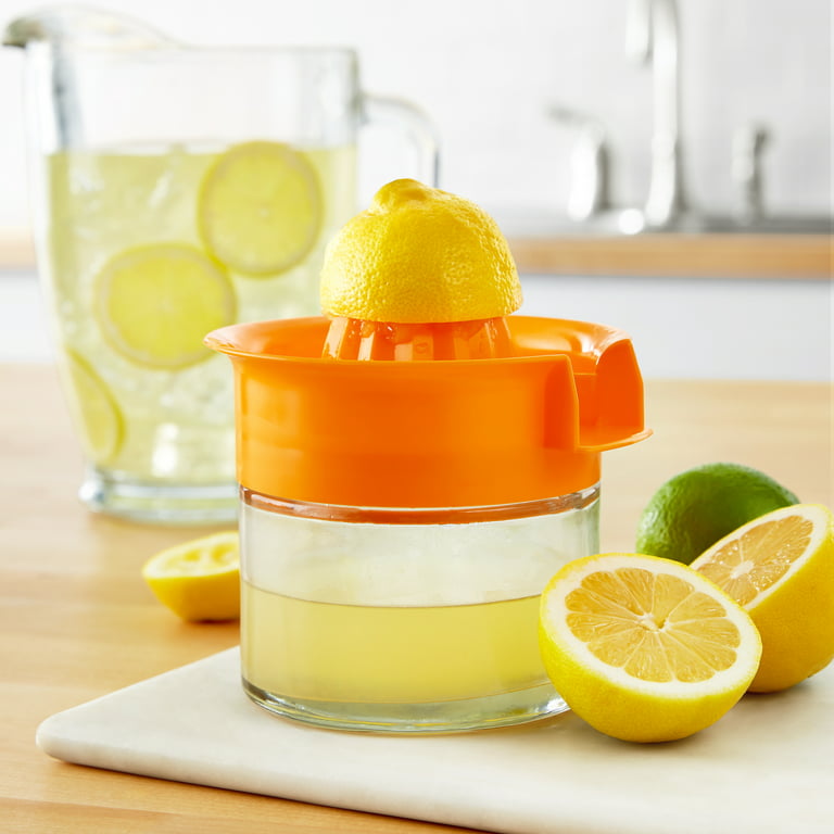 Mainstays 10 Ounce Citrus Juicer Easy Screw Top Glass and Plastic  Dishwasher Safe Orange 