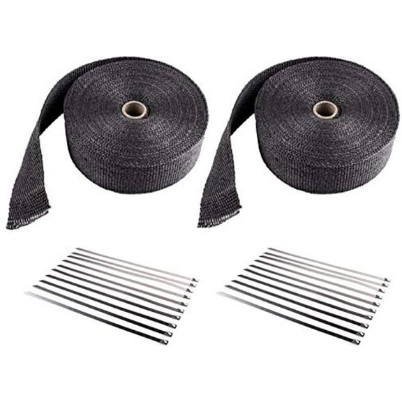 Black Fiberglass Exhaust Header Pipe Wrap 50 Ft (L) 2 Inch (W) Heat Wrap Tape with 10 Ties (2 Roll)
