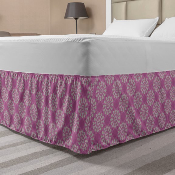 Circle Pattern Bed Skirt, Geometrical Motifs Flourishing Illustrations Lotus Flower Print, Elastic Bedskirt Dust Ruffle Wrap Around for Bedding Decor, 4 Sizes, Pale Fuchsia and Dusk, by Ambesonne