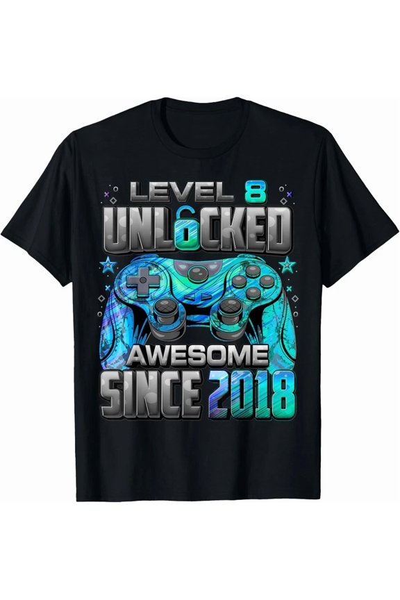 Level 8 Unlocked Awesome Since 2018 Eighth Birthday Gaming Graphic Tee,for men and women up to 5XL