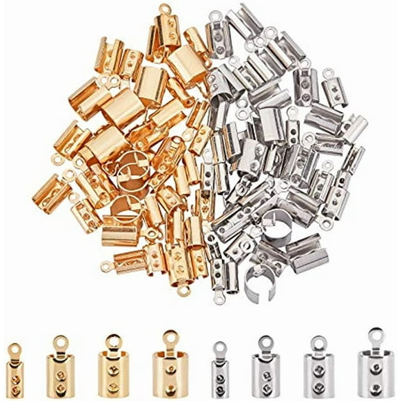 80pcs 4 Sizes 2.5 3 4 5.5mm Leather Crimps Ends for Jewelry Making Golden Stainless Steel Color Folding