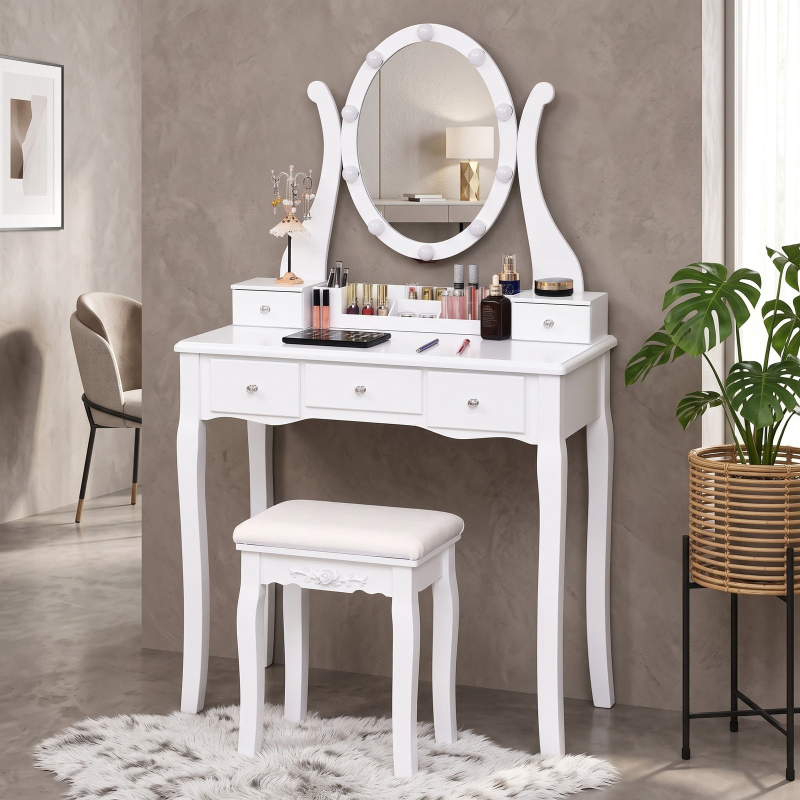 Furnibear Vanity Table Set with 10 Dimmable Light Oval Mirror and Cushioned Stool and 5 Drawers for Bedroom Makeup and Dressing, White