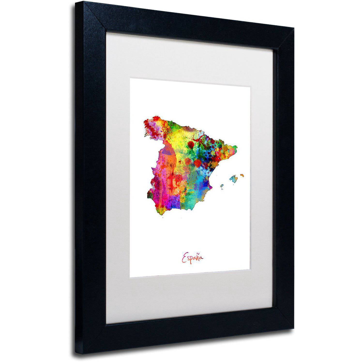 Trademark Fine Art "Spain Watercolor Map" Canvas Art by Michael Tompsett White Matte, Black Frame