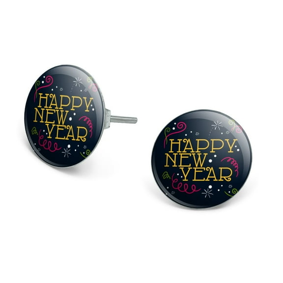 Happy New Year Novelty Silver Plated Stud Earrings
