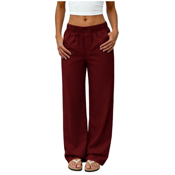 LNWUY Linen Pants Women Wide Leg Elastic Waist Flowy Pants Solid Color Casual Sport Pants with Pockets Beach Travel Trousers Red S