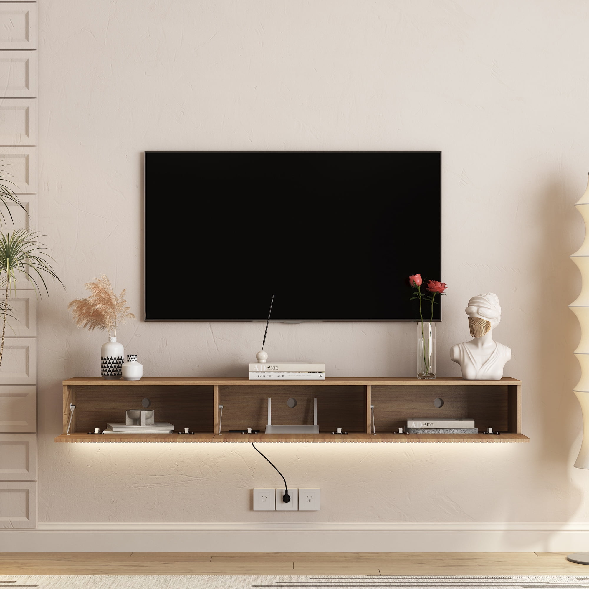 Aukfa Modern Floating TV Stand Wall Mounted for TVs up to 70 with 16 Color LEDs, Walnut
