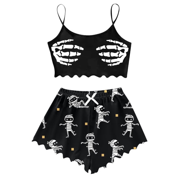 Halloween Outfits Set 2PC Women Skeleton Print Sleeveless Tank Tops Bowknow Shorts Set Casual Home Wear Cozy Nightwear Set