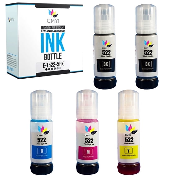 CMYi Black/Color Inkjet Printer Ink Bottles Replacement Compatible with Epson 522, 5 Pack