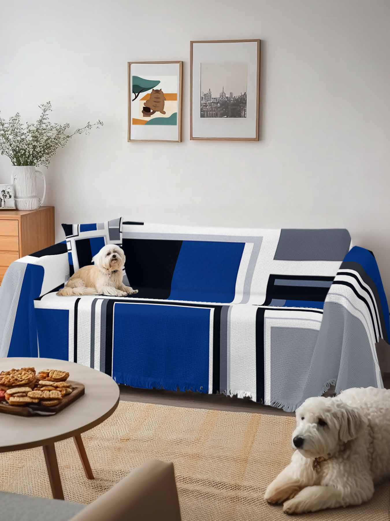 Blue Grey Geometric Couch Cover, Abstract Art Irregular Contemporary Oversized Sofa Cover Blanket for 3 Cushion Couch, Sectional Sofa Slipcover Furniture Protector for Living Room Bedroom 71''x150''