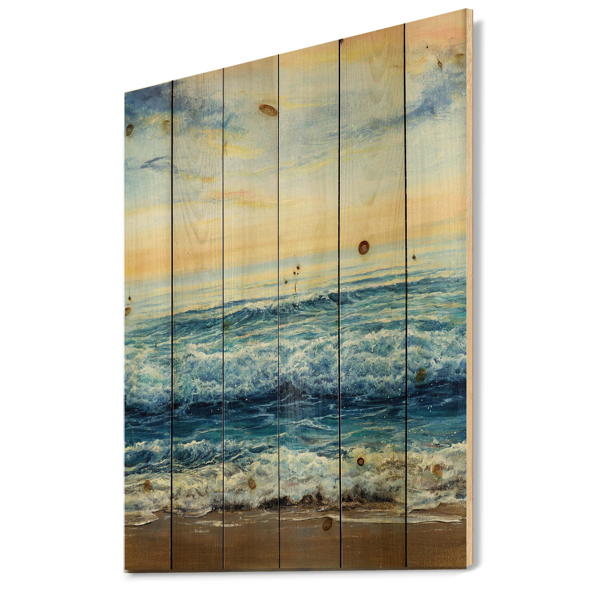 Designart 'Ocean Waves At Sunrise' Nautical & Coastal Print on Natural Pine Wood