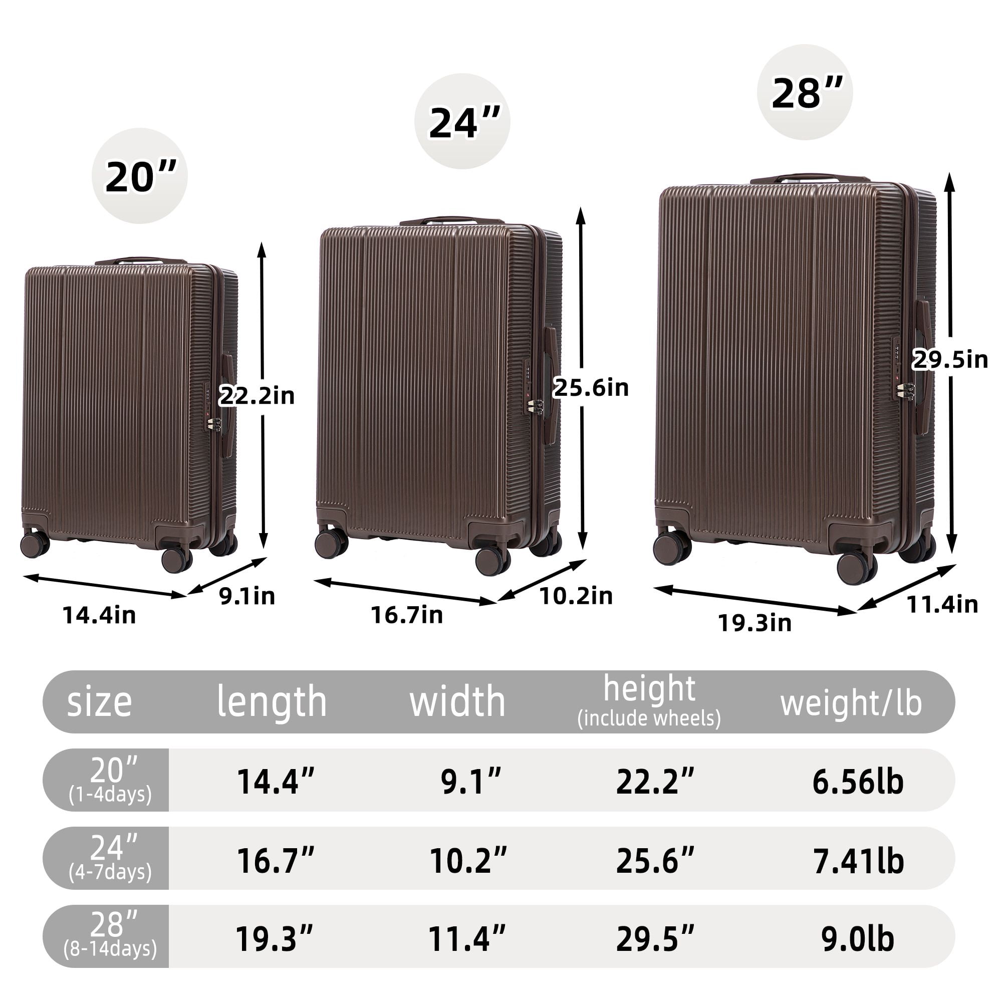 Alvantor 3 Piece Hardshell Luggage Set ABS Hardside Suitcase with TSA Lock Spinner Wheel 20"24"28"(Brown)